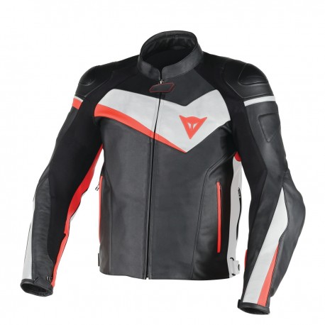 Veloster Leather Jacket Black/White/Fluo Red