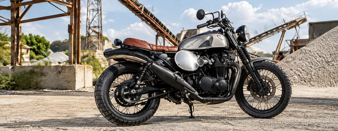Moto cafe racer custom con sella in pelle in un cortile industriale