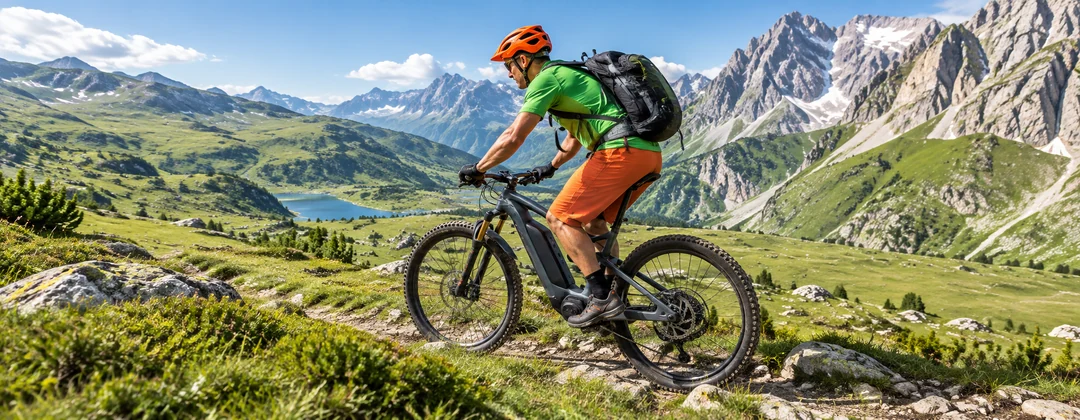 Ciclista con e-bike su un sentiero alpino